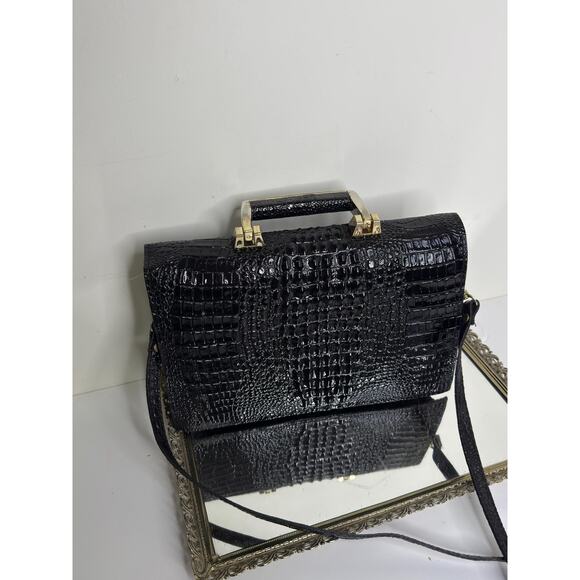 Vintage Mido Korea Black Patent Leather Embossed Croc Texture Top Handle Shoulde - Picture 9 of 10